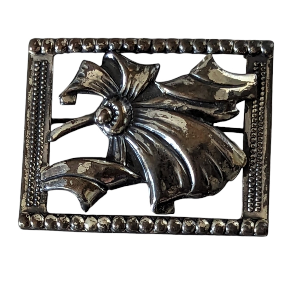 Vintage Art Nouveau Sterling Silver Rectangular Floral Pin Brooch